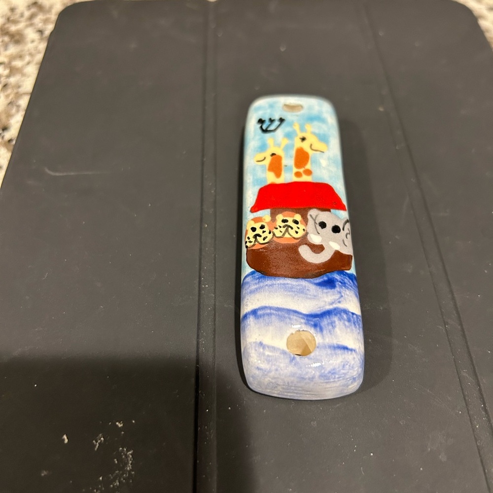 Handmade Ceramic Mezuzah Case “Noah’s Ark”.  Colorful 3 3/4”L x 1 1/8” W.